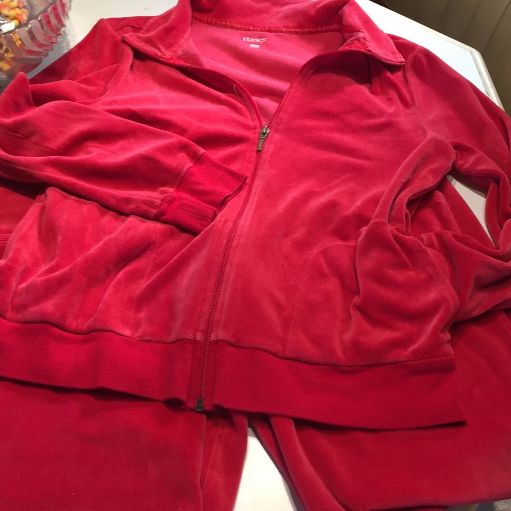 Red velvet zip up top with bottoms